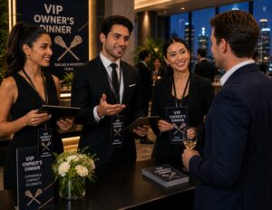 Sporting event guest services staff attend to VIP guests for an owners' reception and dinner