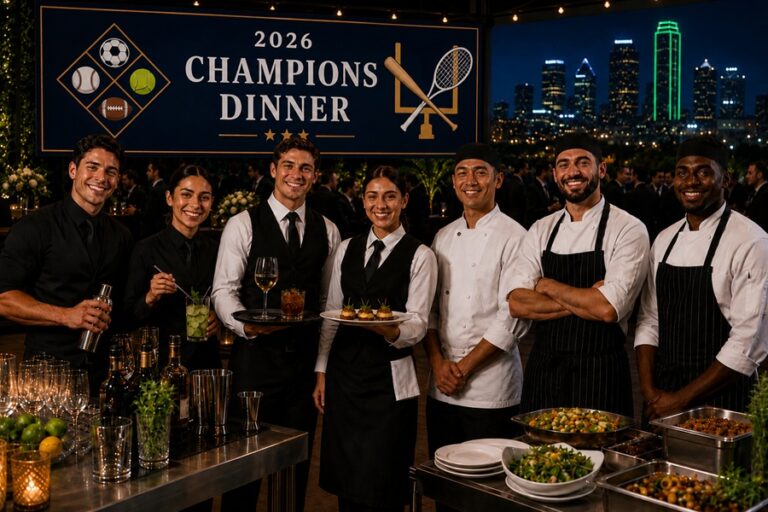 Sporting event hospitality staff and chefs posing during an upscale champions dinner event