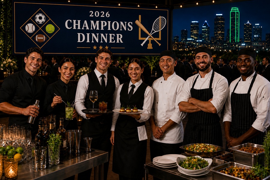 Sporting event hospitality staff and chefs posing during an upscale champions dinner event