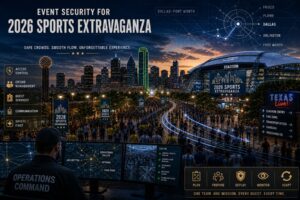 Sporting event security operations command monitoring crowd safety and stadium activity during a large sports festival