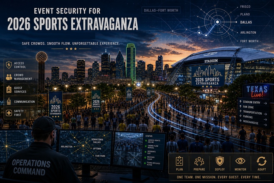 Sporting event security operations command monitoring crowd safety and stadium activity during a large sports festival