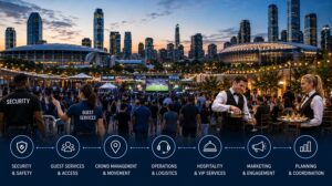 Sporting event staff supporting guest services crowd management and hospitality operations outside a major stadiums near Dallas, Frisco & Houston.
