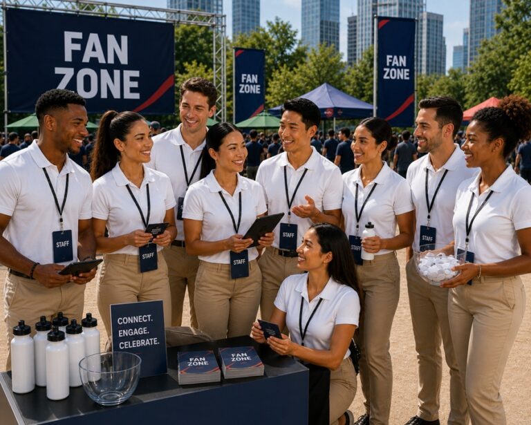 Sporting event marketing staff meeting together before going to vendor booths to facilitate interactive fan zone games and activations